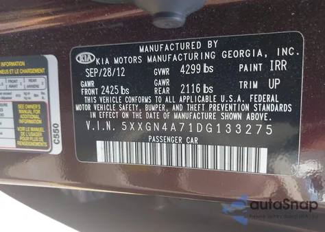 2013 Kia Optima Ex z USA, uszkodzony, nr VIN 5XXGN4A71DG133275